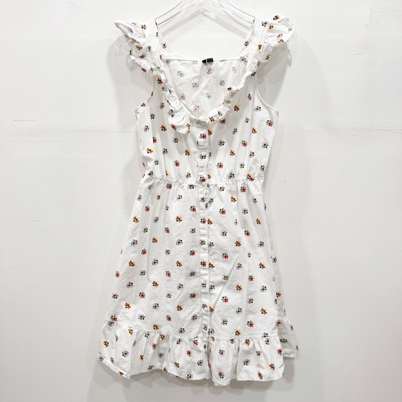 Vero Moda White Button Front Printed Dress Ruffle Trim Large - Picture 1 of 7